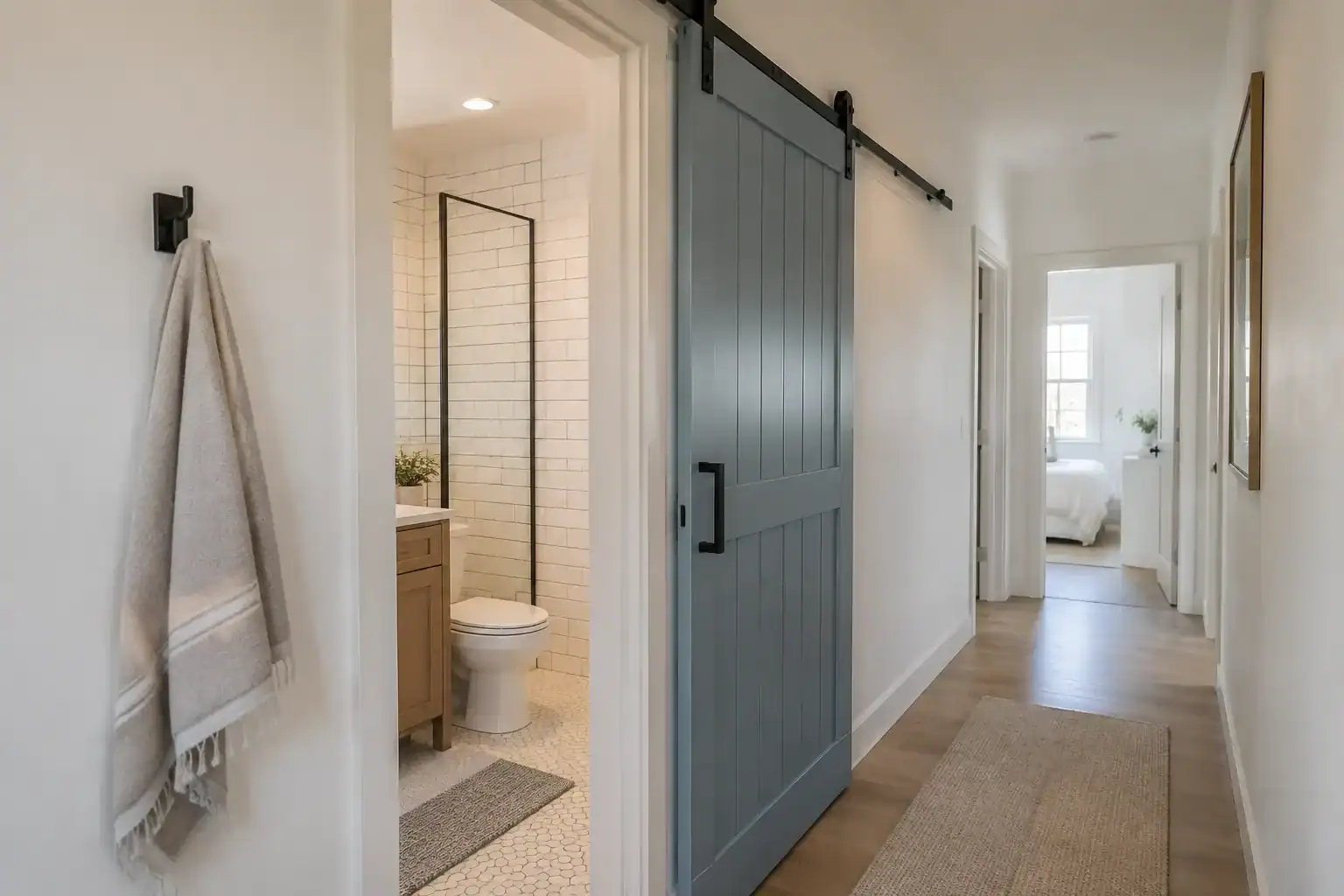 Painted wood sliding barn door on a black steel track beside a small white-tiled bathroom, with the door slid open along the wall