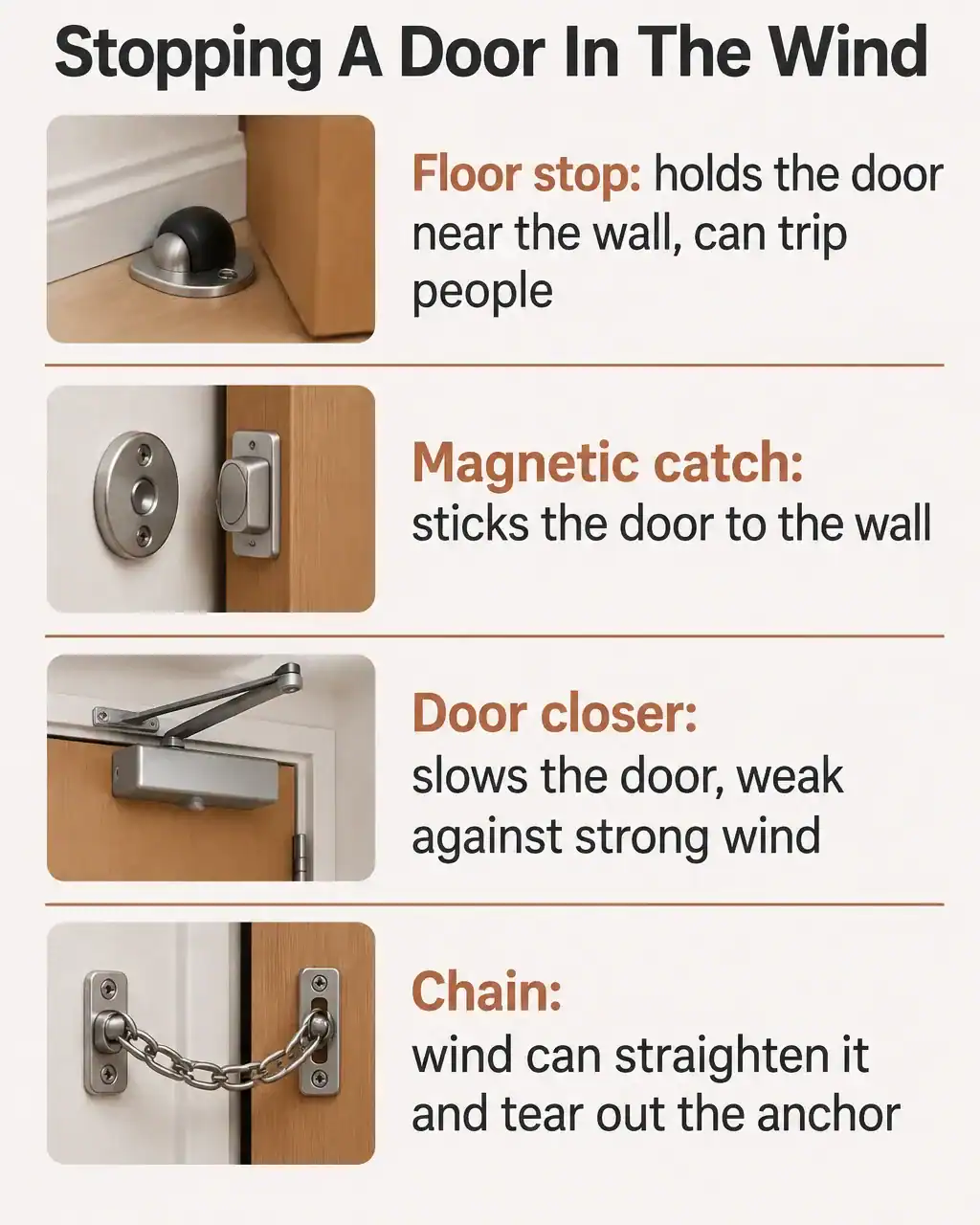 Fixes for French doors blowing in the wind compared: a floor stop holds the door near the wall, a magnetic catch sticks it to the wall, a door closer slows it but is weak against strong wind, a chain can be straightened by wind and tear out its anchor