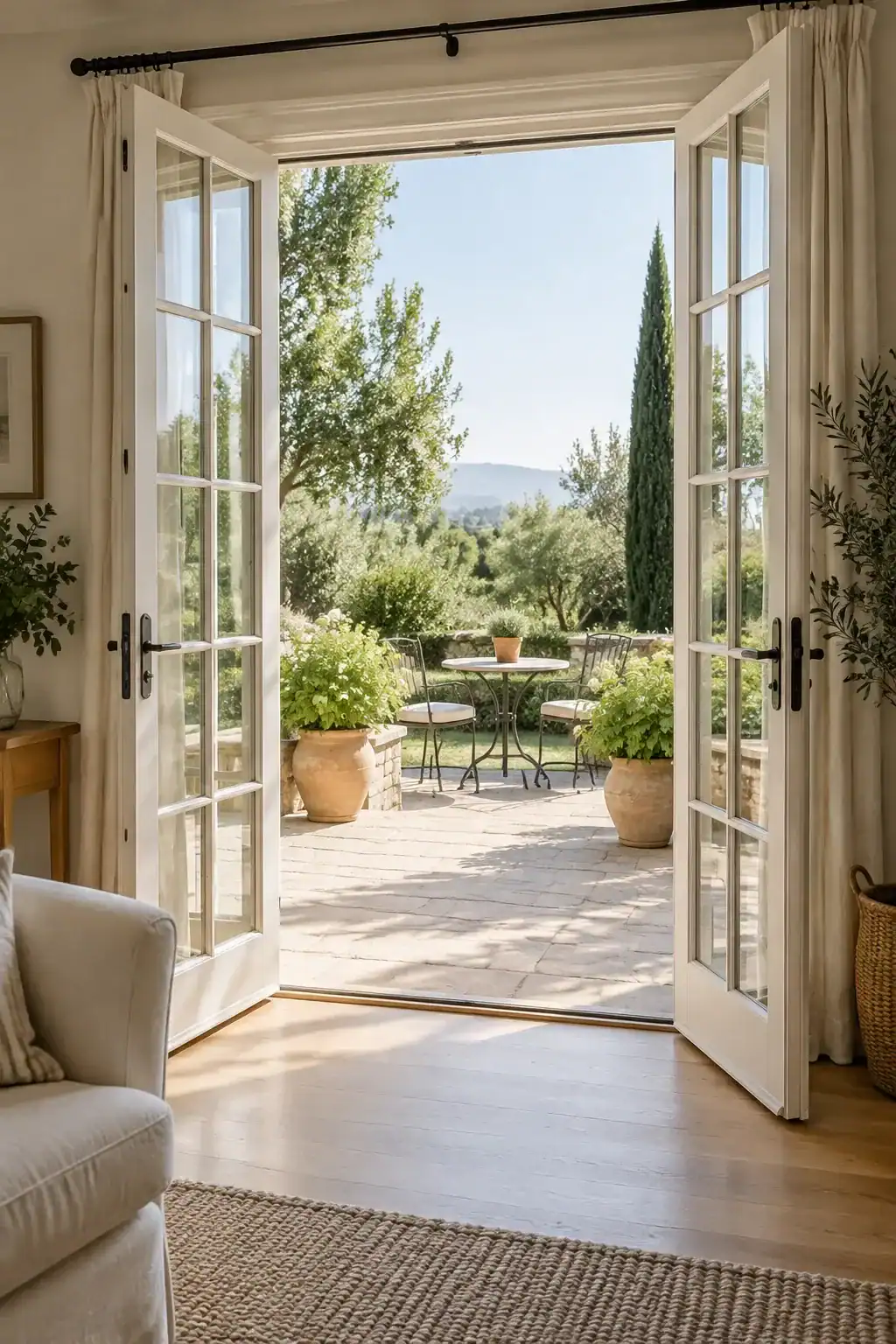 Tall white French doors with divided glass panes standing open onto a stone patio with potted plants, seen from inside a bright living room