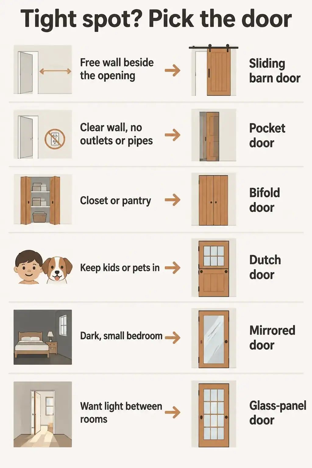 Chooser chart for tight spaces: barn door for a wall beside the opening, pocket door for a clear wall, bifold for closets, Dutch door for keeping pets in, mirror door for a dark small room