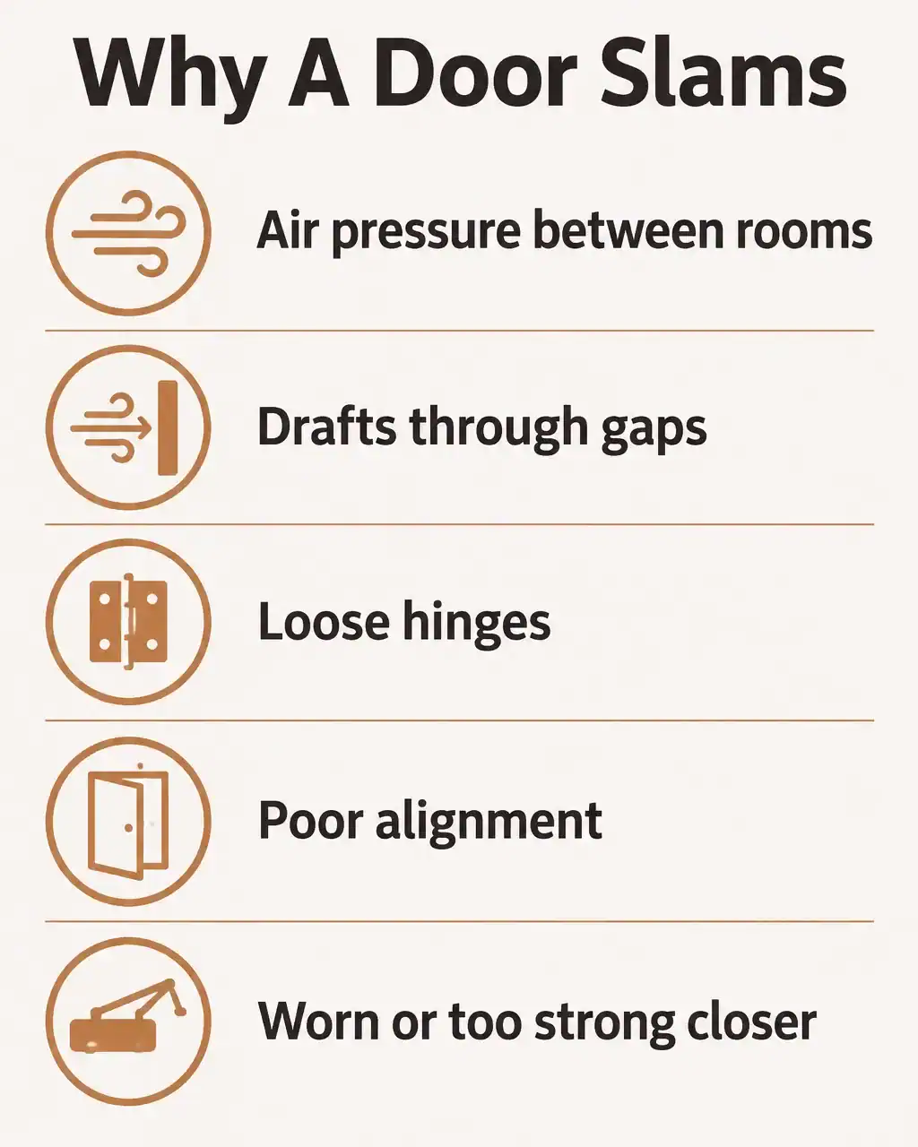 Five causes of a slamming door: air pressure, drafts, loose hinges, poor alignment, and a worn or too strong door closer