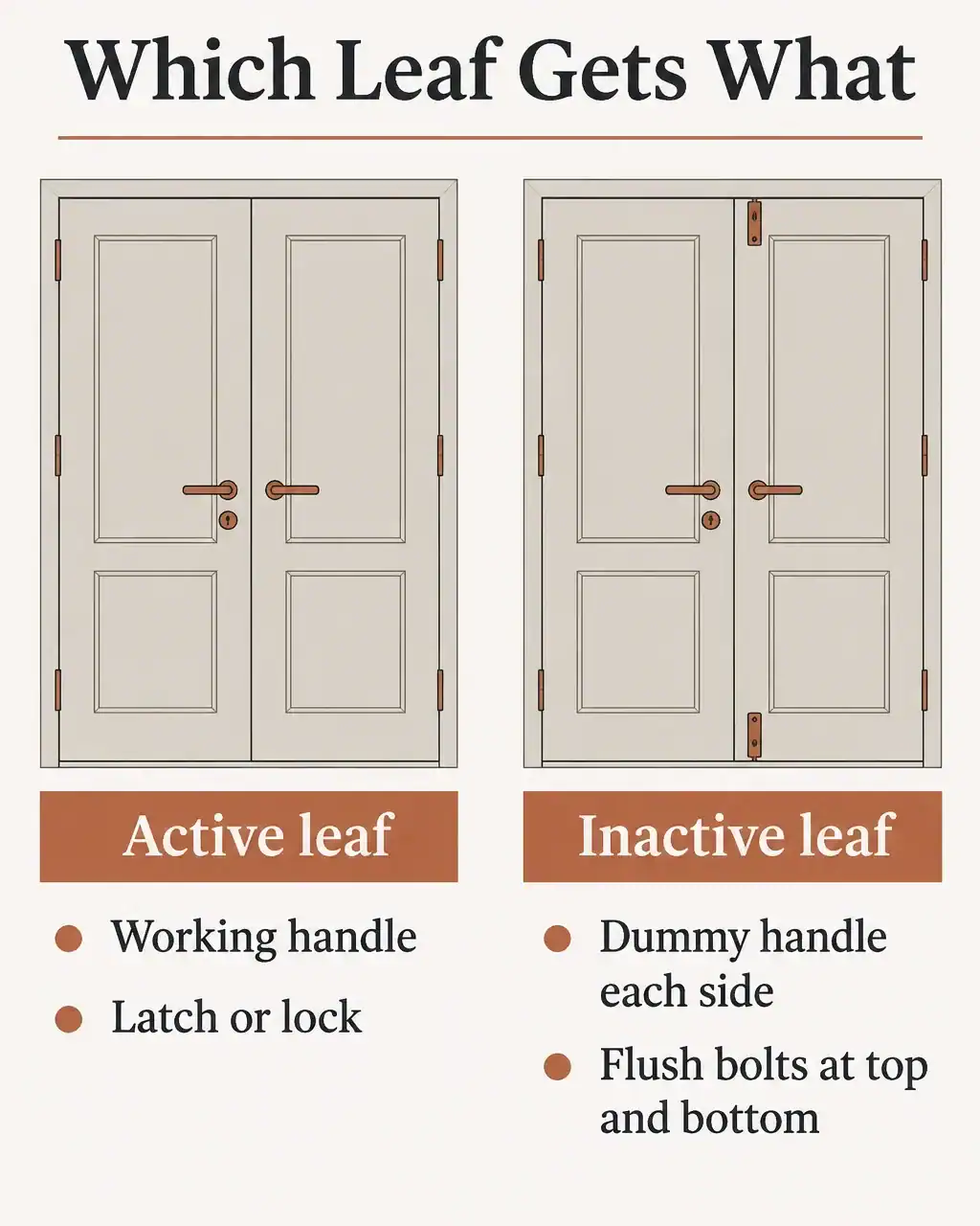 Hardware on a French door pair: the active leaf has a working handle and latch or lock, the inactive leaf has a dummy handle each side and flush bolts at the top and bottom