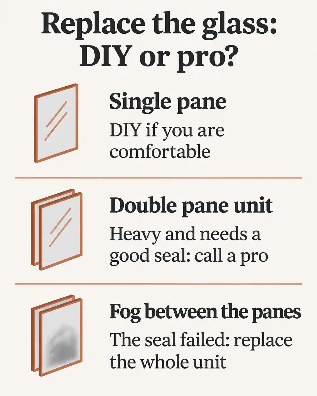 Decision card for French door glass: single pane replacement can be DIY if you are comfortable, a double pane unit is a job for a pro, and fog between the panes means the seal failed and the whole unit needs replacing