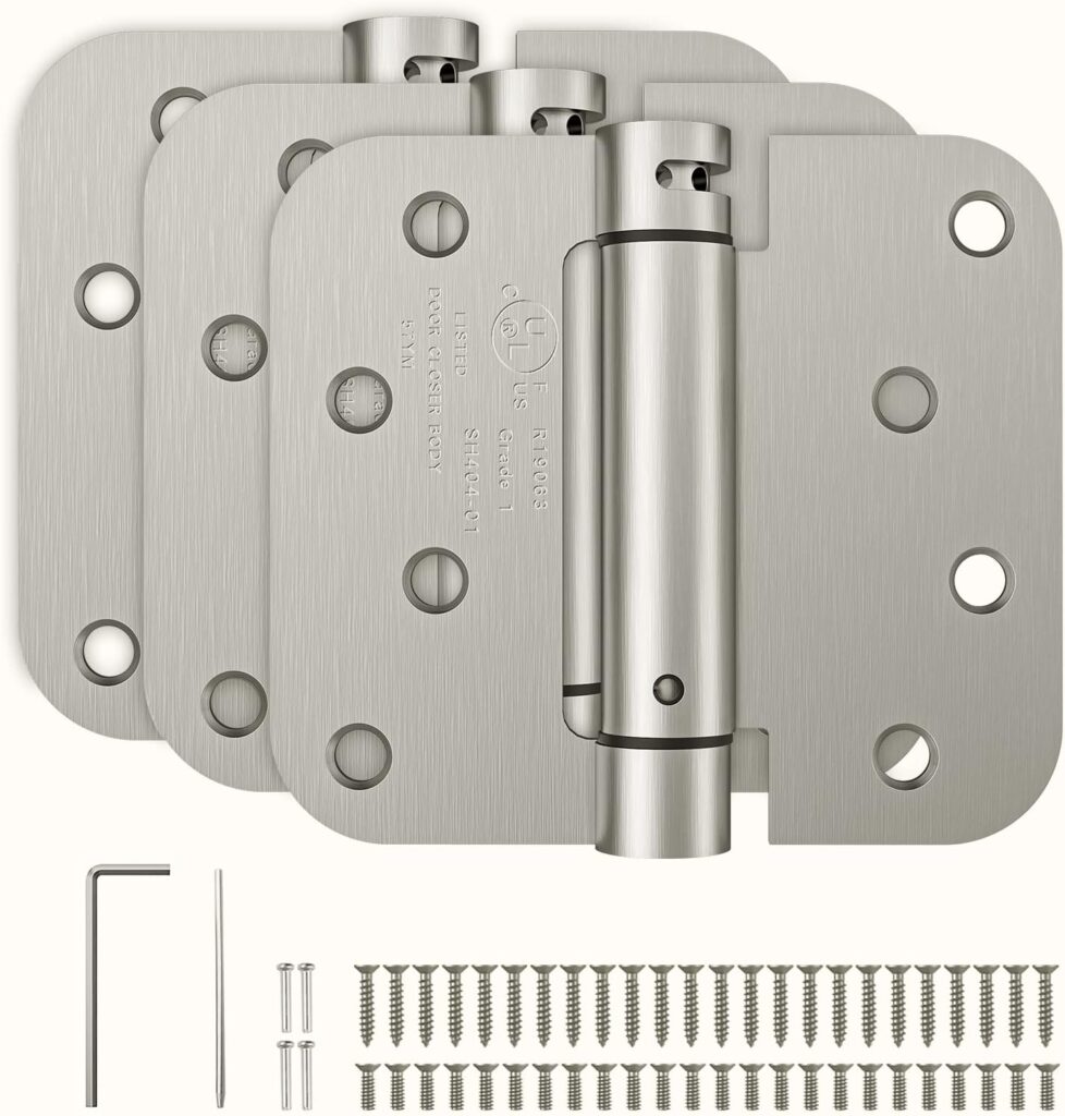 HOSOM Self Closing Door Hinges, Spring Loaded Hinges 4 Inch, Adjustable Tension for Garage, Front Door, Back Door, UL Listed, for Left and Right Hand Door, 5/8 Radius Corners, Brushed Nickel, 3 Pack