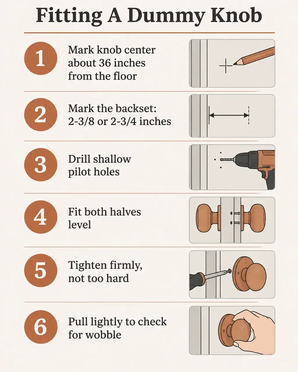Six steps to install a dummy door knob: mark the knob center about 36 inches from the floor, mark the backset at 2-3/8 or 2-3/4 inches, drill shallow pilot holes, fit both halves level, tighten firmly but not too hard, pull lightly to check for wobble