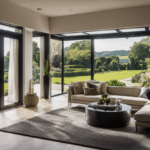 An image showcasing a luxurious living room with a panoramic view of a lush garden and a seamless transition between indoor and outdoor spaces