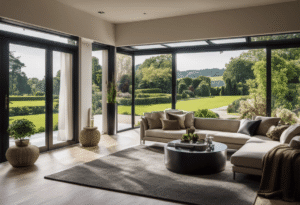 An image showcasing a luxurious living room with a panoramic view of a lush garden and a seamless transition between indoor and outdoor spaces