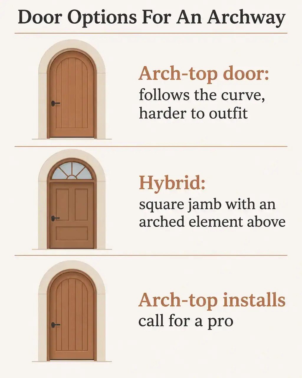 Door options for an archway: an arch-top door follows the curve but is harder to outfit, a hybrid keeps a square jamb with an arched element above, arch-top installs call for a pro