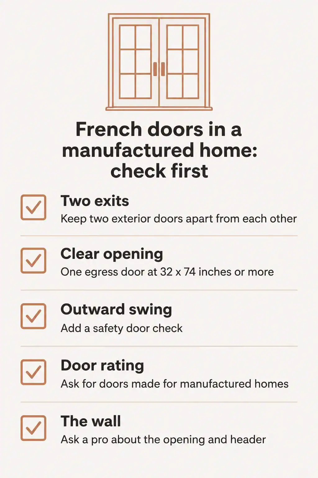 Checklist before fitting French doors in a manufactured home: keep two exits, keep the clear opening, add a door check on outward doors, ask about HUD-rated doors and check the wall