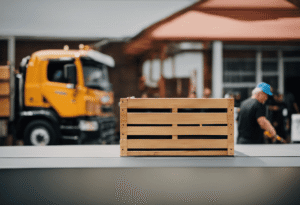 An image showcasing a sturdy wooden crate, securely strapped to a truck bed, containing a sleek and elegant French door
