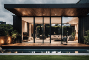 An image showcasing a sleek and modern home exterior, featuring stunning aluminium French doors
