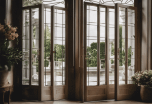 An image showcasing a pair of elegant French doors, one tinted with a subtle and sophisticated hue, while the other remains clear, highlighting the various techniques and options to tint French doors