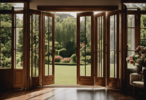 An image showcasing a pair of elegant French doors adorned with a sleek retractable screen