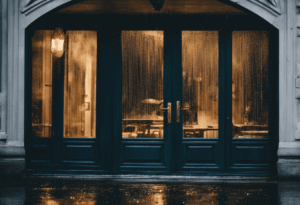 An image showcasing a French door awning during a heavy rainstorm