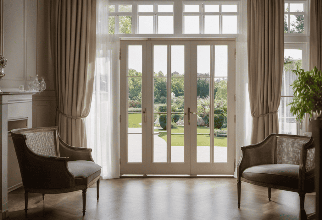 An image showcasing a pair of elegant French doors with double glazed panels, reflecting natural light into a spacious living room