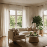An image showcasing a sun-kissed living room adorned with delicate, floor-length white curtains cascading gracefully from the ceiling, framing the elegant French doors that open onto a lush garden