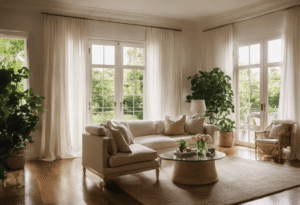 An image showcasing a sun-kissed living room adorned with delicate, floor-length white curtains cascading gracefully from the ceiling, framing the elegant French doors that open onto a lush garden