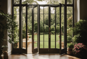 An image showcasing a pair of elegant French doors swung wide open, revealing a breathtaking view of a lush garden