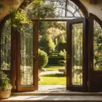 An image capturing the essence of longevity: A pair of elegant wood French doors adorned with intricate glass panels, bathed in warm sunlight, standing proudly amidst a lush garden, showcasing their enduring beauty and craftsmanship