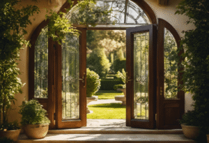 An image capturing the essence of longevity: A pair of elegant wood French doors adorned with intricate glass panels, bathed in warm sunlight, standing proudly amidst a lush garden, showcasing their enduring beauty and craftsmanship