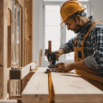 An image of a skilled carpenter measuring and cutting a sturdy wooden door jamb, meticulously aligning it with the French doors