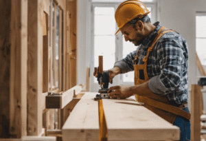 An image of a skilled carpenter measuring and cutting a sturdy wooden door jamb, meticulously aligning it with the French doors