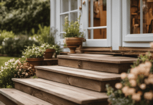An image depicting a step-by-step guide on constructing outdoor steps for French doors