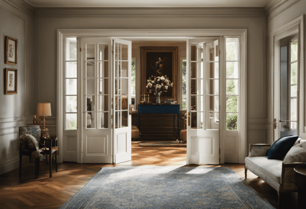  Create an image showcasing two elegant French doors, perfectly aligned and seamlessly merging into a picturesque room