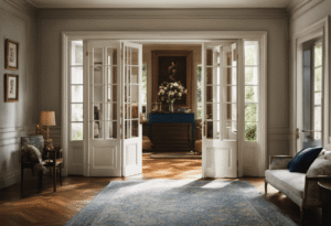 Create an image showcasing two elegant French doors, perfectly aligned and seamlessly merging into a picturesque room
