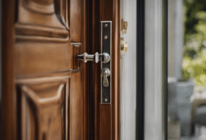 An image showcasing a sturdy door latch engaged on a French door
