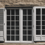 An image showcasing a sturdy, reinforced French door with hurricane impact-resistant glass, surrounded by heavy-duty metal shutters securely fastened to the frame, providing maximum protection against powerful winds and debris