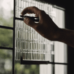 An image showcasing a close-up of hands holding a glass scraper at a slight angle, effortlessly gliding it across the surface of a French door, effectively removing the grids