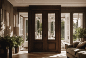 An image capturing a pair of French doors equipped with soft-close mechanisms, gently closing without a sound