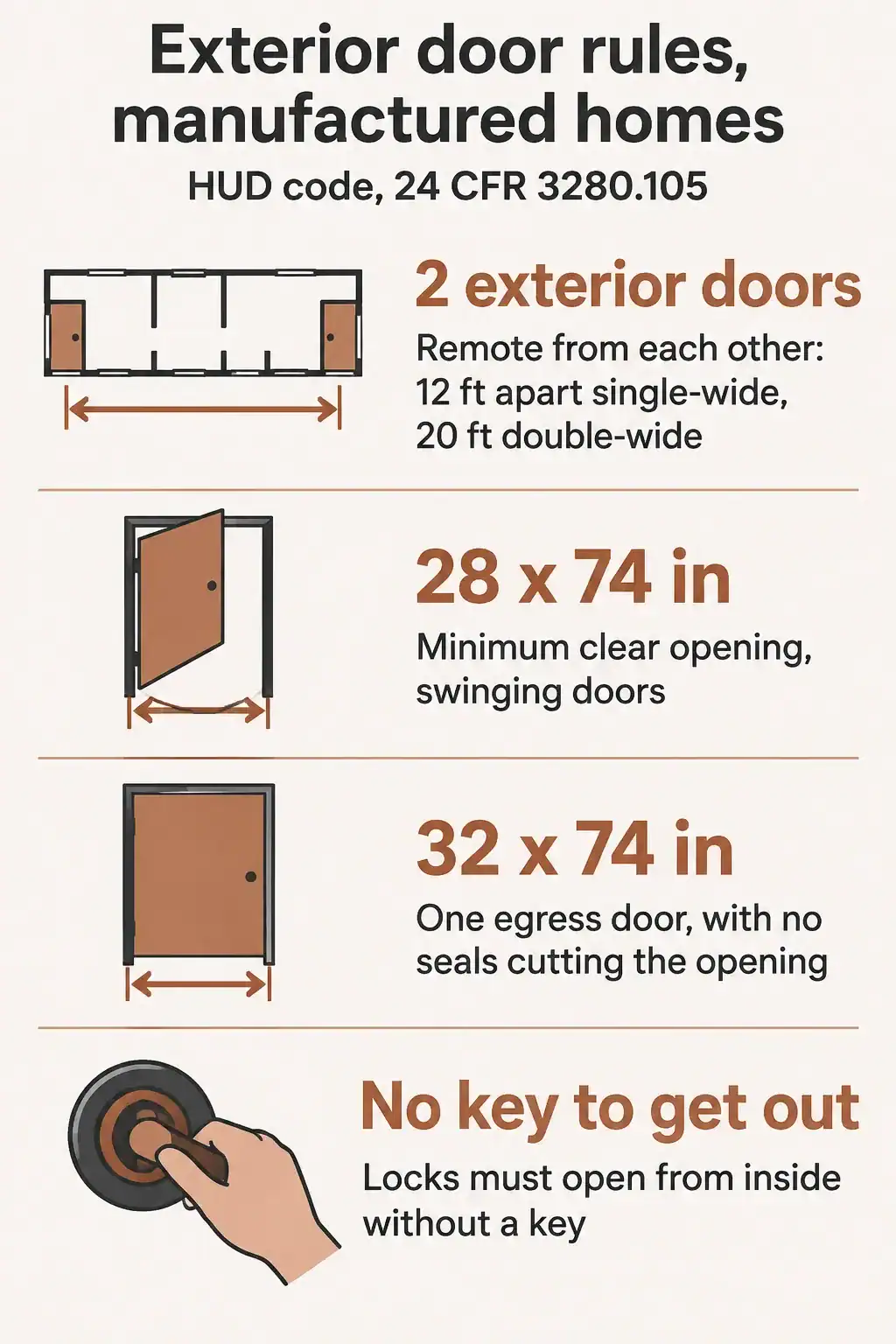 HUD exterior door rules for manufactured homes: two exterior doors apart from each other, minimum clear openings of 28 by 74 inches for swinging doors and 32 by 74 inches for one egress door