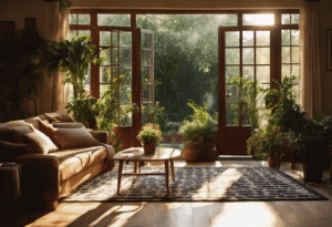 An image that showcases a cozy living room with French doors wide open, revealing a lush garden outside