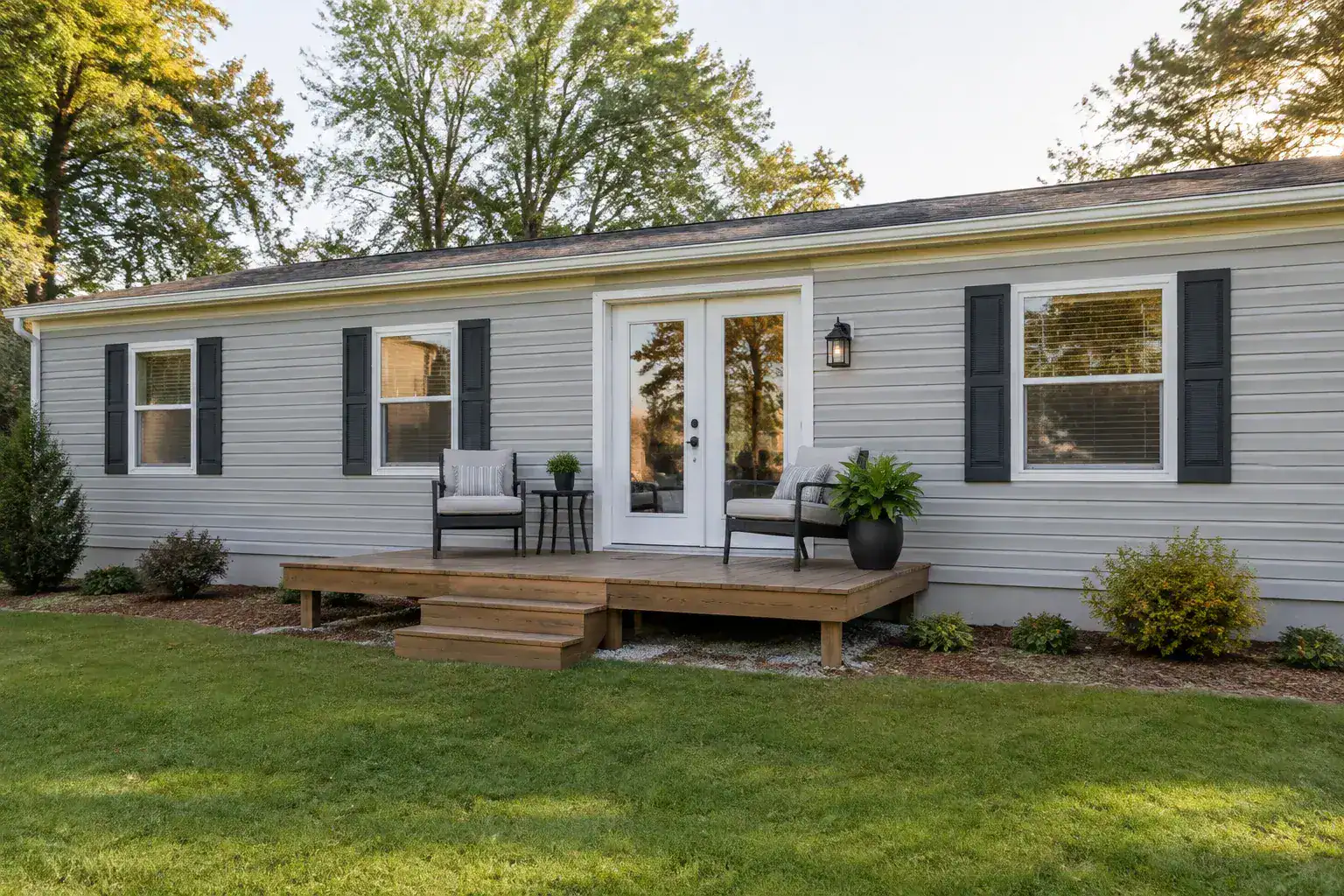 Single-story manufactured home with a pair of white glazed French doors opening onto a small wooden deck with two chairs and a potted plant