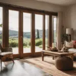 An image showcasing two French doors, one opening inwards and the other outwards, revealing a spacious room with abundant natural light, cozy furniture, and a vibrant outdoor landscape visible through the doors
