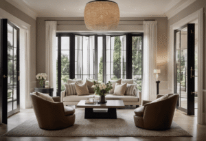 An image portraying a serene living room with elegant French doors adorned with soundproof panels