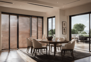 An image showcasing a pair of elegant French doors adorned with sleek, floor-to-ceiling blinds that perfectly balance natural light and privacy