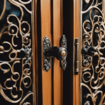 Close-up of a French door, revealing intricate, decorative metal hardware