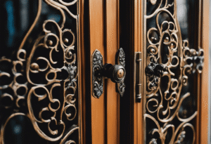 Close-up of a French door, revealing intricate, decorative metal hardware