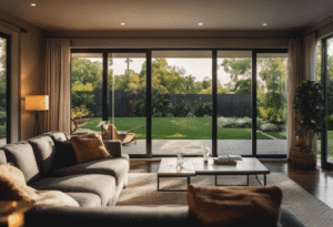 An image showcasing a cozy living room with a panoramic view of a lush backyard