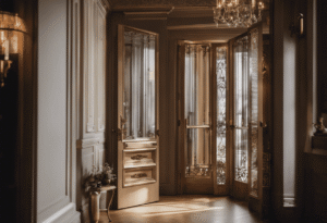 An image featuring a stylish interior with a narrow doorway adorned by elegant French doors