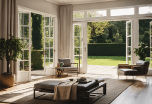 An image showcasing a spacious and elegant room flooded with natural light, as French doors open wide to reveal a picturesque garden view, emphasizing the beauty and functionality of French doors