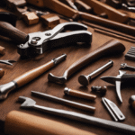 An image featuring a diverse selection of hand tools laid out on a workbench, surrounded by a variety of exquisite woods like mahogany, oak, and cherry