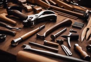 An image featuring a diverse selection of hand tools laid out on a workbench, surrounded by a variety of exquisite woods like mahogany, oak, and cherry
