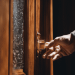 An image showcasing a pair of hands delicately peeling off the transparent protective film from a beautifully crafted wooden door, revealing its glossy surface beneath, emphasizing the significance of meticulous protective film removal