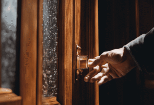 An image showcasing a pair of hands delicately peeling off the transparent protective film from a beautifully crafted wooden door, revealing its glossy surface beneath, emphasizing the significance of meticulous protective film removal