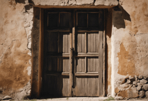 An image showcasing a close-up of a sturdy door frame, surrounded by cracked walls