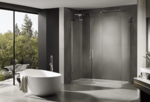 An image showcasing a modern bathroom with a sleek, frameless glass shower door reaching from floor to ceiling